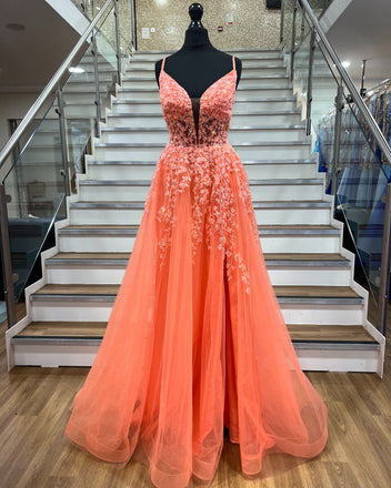 A-line Spaghetti Straps Deep V-neck Long Orange Prom Dresses ARD3187-SheerGirl