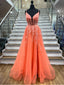 A-line Spaghetti Straps Deep V-neck Long Orange Prom Dresses ARD3187