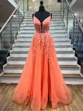 A-line Spaghetti Straps Deep V-neck Long Orange Prom Dresses ARD3187-SheerGirl