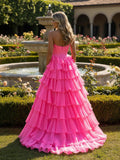 A-line Strapless Chiffon Tiered Long Prom Dresses with Slit ARD3195-SheerGirl