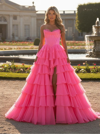A-line Strapless Chiffon Tiered Long Prom Dresses with Slit ARD3195-SheerGirl
