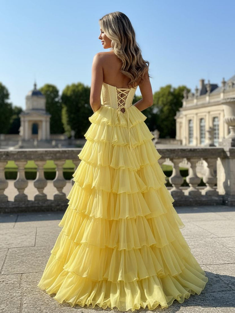 A-line Strapless Daffodil Yellow Chiffon Tiered Prom Dresses with Slit SheerGirl A-line Strapless Daffodil Yellow Chiffon Tiered Prom Dresses with Slit SheerGirl