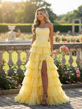 A-line Strapless Daffodil Yellow Chiffon Tiered Prom Dresses with Slit ARD3193-SheerGirl
