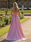 A-line Strapless Satin Sweep Train Long Prom Dresses with Bow ARD3194-SheerGirl