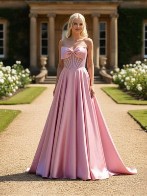 A-line Strapless Satin Sweep Train Long Prom Dresses with Bow ARD3194-SheerGirl