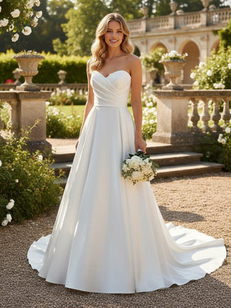 A-line Strapless Soft Satin Simple Wedding Dresses with Sweetheart Neck Bridal Gowns AWD2403-SheerGirl