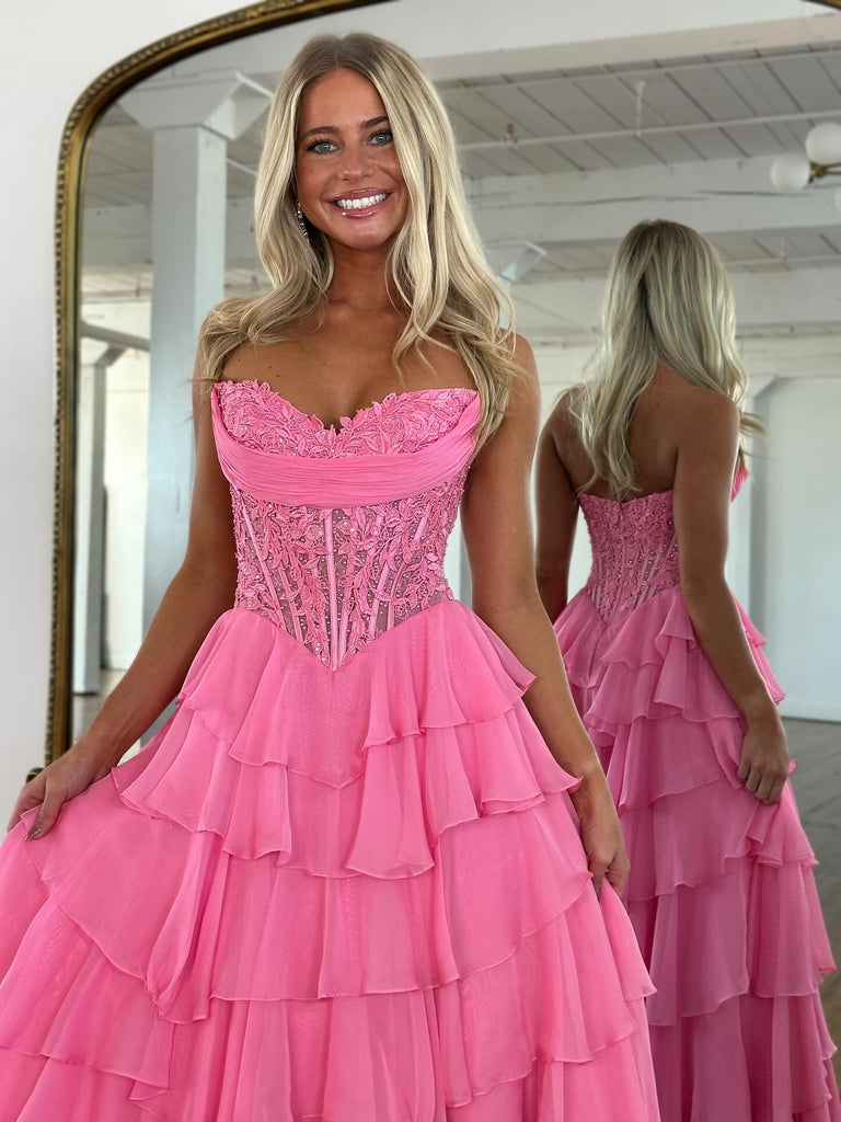A-Line Strapless Sweetheart Neck Chiffon Tiered Prom Dresses with Slit ARD3186 A-Line Strapless Sweetheart Neck Chiffon Tiered Prom Dresses with Slit ARD3186