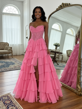 A-line Strapless Sweetheart Neck Chiffon Tiered Prom Dresses with Slit ARD3186-SheerGirl