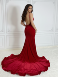 Mermaid Red Velvet with Gold Beaded Prom Dresses with Slit ARD3183