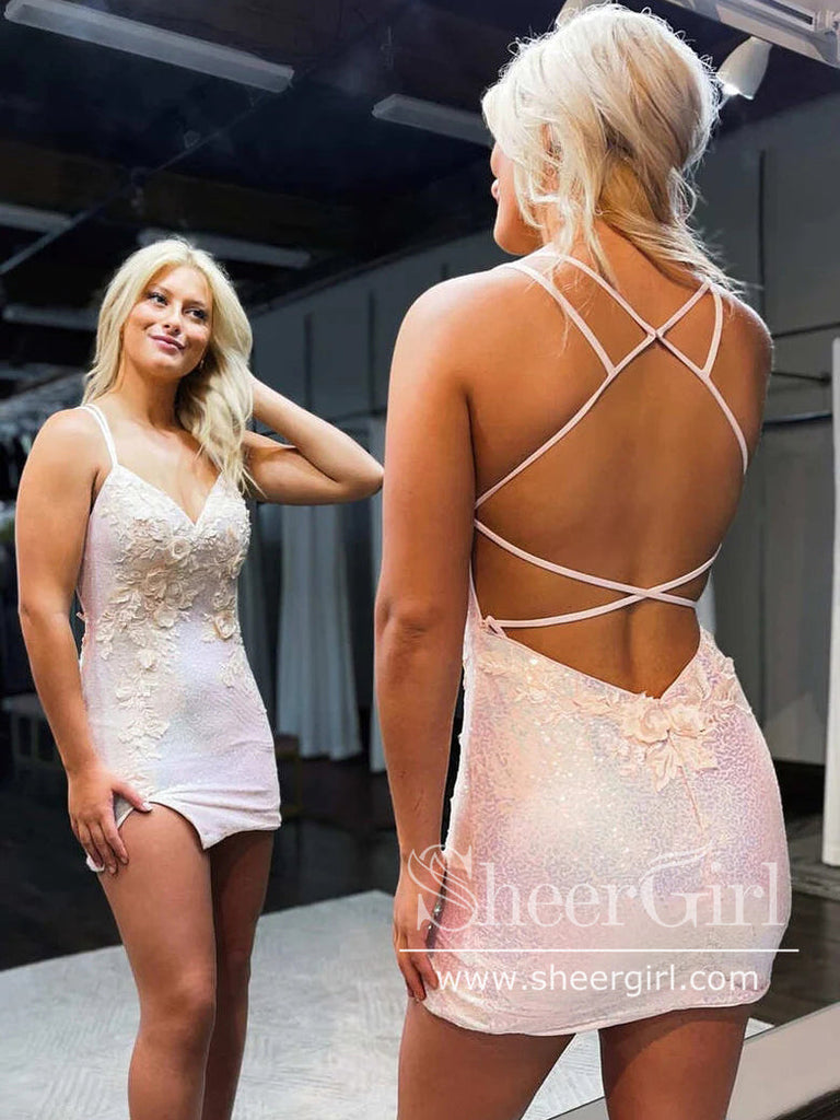 Appliqued Backless Sparkly Cocktail Dress Sequins Short Homecoming Dress ARD2973-SheerGirl