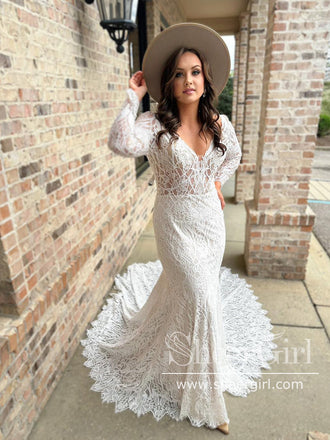 Backless Bohemian Lace Wedding Dress Long Sleeves Sheath Wedding Gown AWD1973-SheerGirl