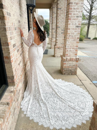 Backless Bohemian Lace Wedding Dress Long Sleeves Sheath Wedding Gown AWD1973-SheerGirl