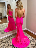 Backless Simple Prom Dress Hot Pink Satin Party Dress with Pleats Evening Dress ARD3065-SheerGirl