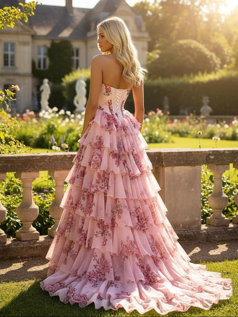 Ball Gown Strapless Floral Print Chiffon Tiered Long Prom Dresses with Slit ARD3196