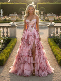 Ball Gown Strapless Floral Print Chiffon Tiered Long Prom Dresses with Slit ARD3196-SheerGirl