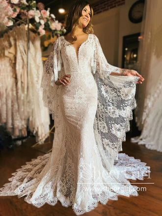 Batwing Sleeves Wedding Dresses Plunge Neck Rustic Sheath Mermaid Boho Wedding Dresses AWD2015-SheerGirl