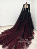 Black/Red Strapless Contrast Colred Ball Gown Sweetheart Neck Long Prom Dress with Beaded Cape ARD2935-SheerGirl