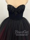 Black/Red Strapless Contrast Colred Ball Gown Sweetheart Neck Long Prom Dress with Beaded Cape ARD2935-SheerGirl