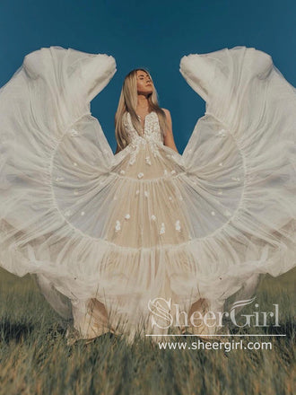 Boho Wedding Dress Soft Tulle Stunning Layered Bridal Dress Beach Wedding Dress Floor Length AWD1962-SheerGirl