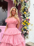 Candy Pink Pleated Organza A Line Long Prom Dress Layered Ball Gown ARD2954-SheerGirl