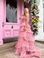 Candy Pink Pleated Organza A Line Long Prom Dress Layered Ball Gown ARD2954