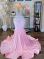 Chic Silver Beaded Pink Velvet Mermaid Prom Dresses For Black Girls Luxury Sheer O Neck Plus Size Formal Gowns Vestidos robe ARD3088