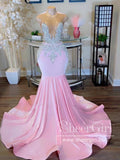 Chic Silver Beaded Pink Velvet Mermaid Prom Dresses For Black Girls Luxury Sheer O Neck Plus Size Formal Gowns Vestidos robe ARD3088-SheerGirl