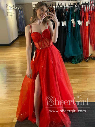 Corset Bodice Sparkly Party Dress Ball Gown Prom Dress with High Slit ARD3032-SheerGirl