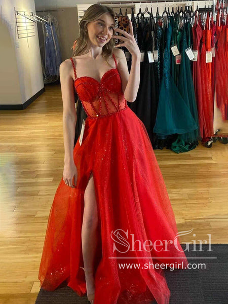 Corset Bodice Sparkly Party Dress Ball Gown Prom Dress with High Slit SheerGirl Corset Bodice Sparkly Party Dress Ball Gown Prom Dress with High Slit SheerGirl