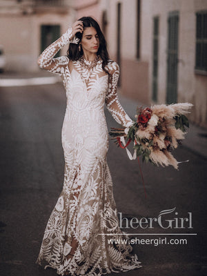 Cowboy Wedding Dress 2 Pieces Long Sleeves Rustic Lace Elopement Mermaid Bridal Gown for Bride AWD2032-SheerGirl