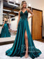 Dark Green Satin Party Dress Appliqued V Neck Prom Dress with High Slit ARD3080