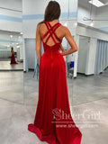 Dark Red Velvet Prom Gown V Neck Crossed Rhinestone Straps Party Dress with High Slit ARD3079-SheerGirl