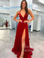 Dark Red Velvet Prom Gown V Neck Crossed Rhinestone Straps Party Dress with High Slit ARD3079