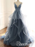 Deep V Neck Appliqued Prussian Blue Bridal Dresses Multi-Layered Organza Wedding Dresses ARD2481-SheerGirl