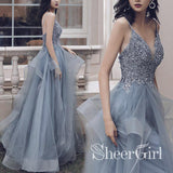 Deep V Neck Appliqued Prussian Blue Bridal Dresses Multi-Layered Organza Wedding Dresses ARD2481-SheerGirl