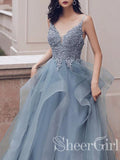 Deep V Neck Appliqued Prussian Blue Bridal Dresses Multi-Layered Organza Wedding Dresses ARD2481-SheerGirl