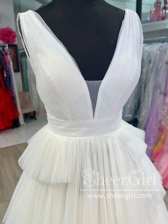 Deep V Neck Pleated Tulle Ball Gown Floor Length Layered Prom Dress ARD3029-SheerGirl
