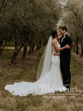 Delicate Leaf Lace Mermaid Satin Wedding Dress Plunge Neck Wedding Gown AWD2038-SheerGirl