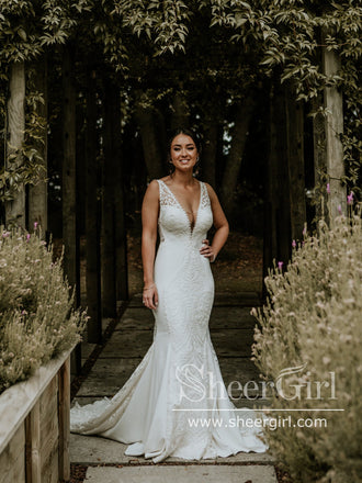 Delicate Leaf Lace Mermaid Satin Wedding Dress Plunge Neck Wedding Gown AWD2038-SheerGirl