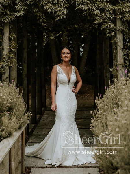 plunge mermaid satin wedding dress with buttons Satin Mermaid Wedding Dress with Plunging Neckline and Bow MN114 Viniodress
