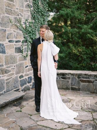 Elegant Mock Neck Bridal Dress Minimalist Chiffon Sheath Wedding Dress Trumpet Wedding Gown AWD2036-SheerGirl