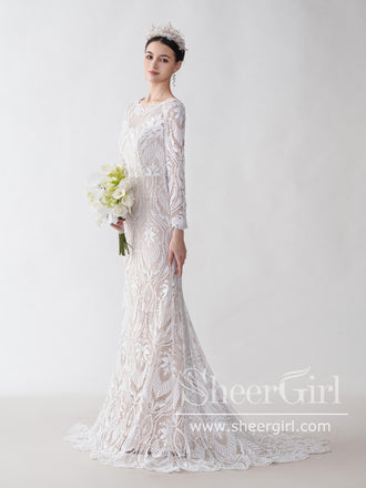 Elegant Sheer Long Sleeve Wedding Dress with Deep Bateau Neckline AWD1803-SheerGirl