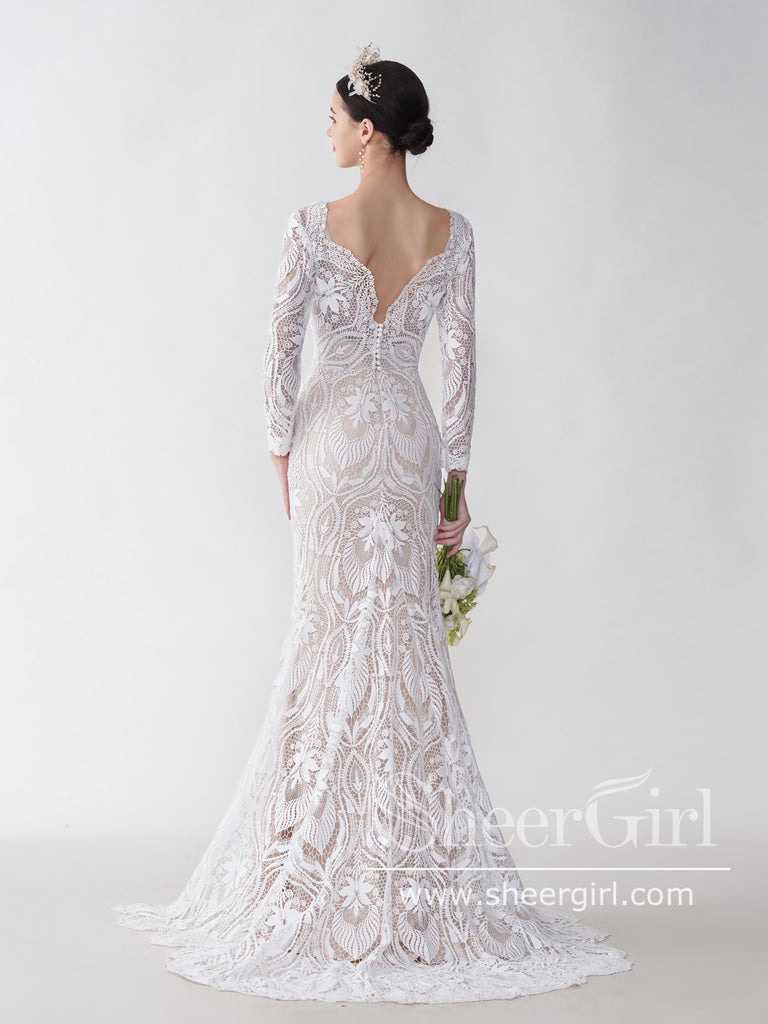 bateau neckline long sleeve wedding dress Boho Satin A-Line Long sleeve wedding gown with Long Sleeves, Bateau Neckline, Backless Design, and Sweep Train