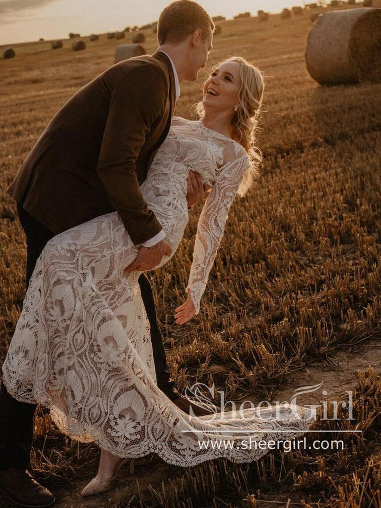 Elegant Sheer Long Sleeve Wedding Dress with Deep Bateau Neckline AWD1803 Elegant Sheer Long Sleeve Wedding Dress with Deep Bateau Neckline AWD1803