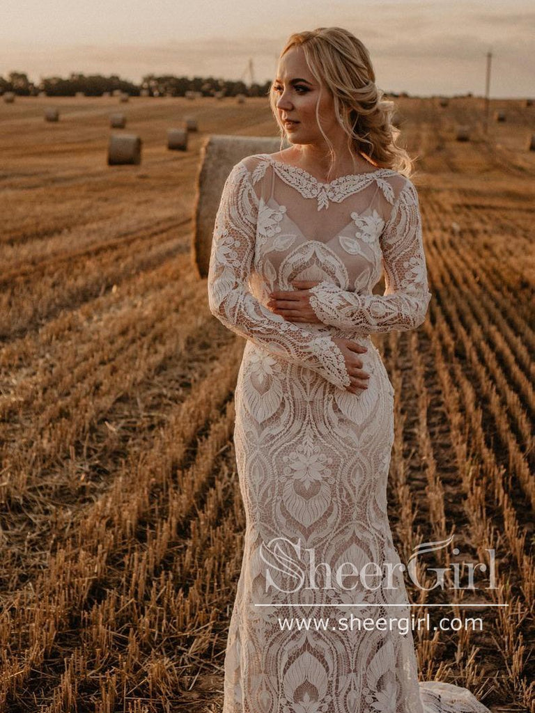 Elegant Sheer Long Sleeve Wedding Dress with Deep Bateau Neckline AWD1803 Elegant Sheer Long Sleeve Wedding Dress with Deep Bateau Neckline AWD1803