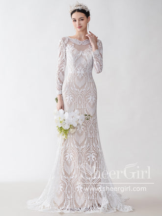 Elegant Sheer Long Sleeve Wedding Dress with Deep Bateau Neckline AWD1803-SheerGirl