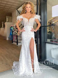 Feather Off the Shoulder Mermaid Prom Gown Sparkly Appliqued Prom Dress with High Slit ARD3072-SheerGirl