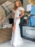 Feather Off the Shoulder Mermaid Prom Gown Sparkly Appliqued Prom Dress with High Slit ARD3072-SheerGirl