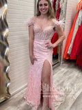 Feather Off the Shoulder Mermaid Prom Gown Sparkly Appliqued Prom Dress with High Slit ARD3072-SheerGirl