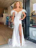 Feather Off the Shoulder Mermaid Prom Gown Sparkly Appliqued Prom Dress with High Slit ARD3072-SheerGirl